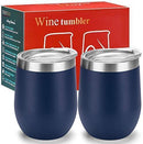 12 oz Double-Insulated Stemless Glass, Stainless Steel Tumbler Cup with Lids for Wine, Coffee, Drinks, Champagne, Cocktails, 2 Sets (Black)