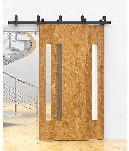 ZEKOO Rustic 6 FT by Pass Barn Doors Hardware Sliding Black Steel Big Wheel Roller Track for Double Wooden Doors