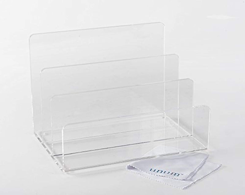 Crystal Clear Acrylic Desktop File Sorter Holder - Lucite Mail, Paper, File Folder Organizer – Eyeshadow, Makeup Palette and Electronics Organizer - Thick Cast Acrylic - Unum - 9" x 6.75" x 6.5"