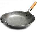 Traditional Hand Hammered Carbon Steel Pow Wok with Bamboo Handle and Steel Helper Handle - 14 Inch, Round Bottom by Chef’s Medal