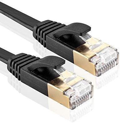 TNP Cat7 Shielded Ethernet Flat Patch Network Cable 33 ft - 10Gbps 600Mhz High Performance with Snagless RJ45 Connectors Gold Plated Plug S/STP Wires Networking Cable Wiring Black