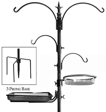 Deluxe Premium Bird Feeding Station, 22" Wide x 91" Tall with 5 Prong Base, Top Hook, Two Small Arms and Water Dish by AshmanOnline