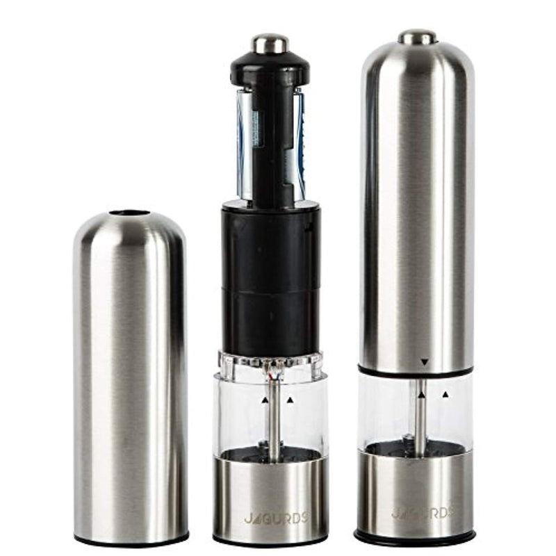 Jagurds Electric Salt and Pepper Mill Set - Premium Stainless Steel One-Handed Spice Grinders with Light, Automatic Battery Operated with Adjustable Coarseness for That Perfect Savory Seasonings