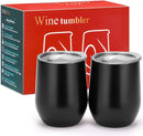 12 oz Double-Insulated Stemless Glass, Stainless Steel Tumbler Cup with Lids for Wine, Coffee, Drinks, Champagne, Cocktails, 2 Sets (Black)