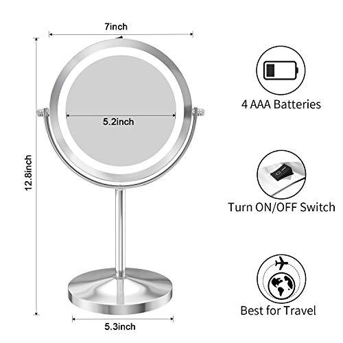 Benbilry Lighted Makeup Mirror - LED Double Sided 1x/10x Magnification Cosmetic Mirror,7 Inch Battery-Powered 360 Degree Rotation Vanity Mirror with On/Off Push-Button