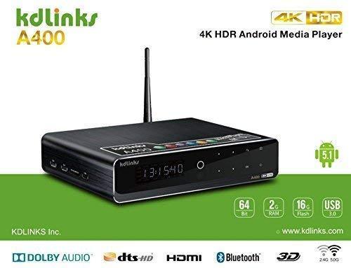 KDLINKS A400 4K Android Quad Core 3D Smart H.265 HD TV Media Player with HDD Bay, WiFi, Dolby 7.1, Gigabit LAN, 2GB RAM, 16GB Storage, 4 Core CPU, 8 Core GPU