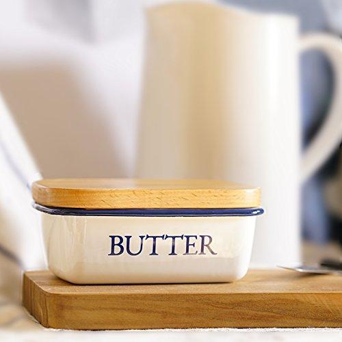 SveBake Butter Dish - Enamel Butter Boat with Beechwood Lid, White