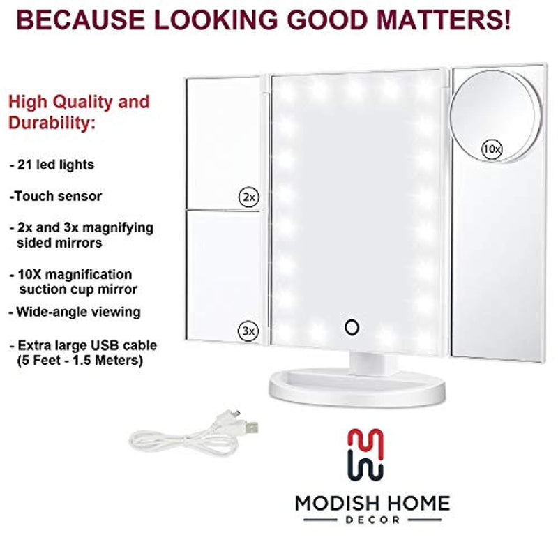 Lighted Makeup Mirror, 21 LED Vanity Mirror With Lights, Cosmetic Light Up Mirror, Magnification Touch Screen Tri-Fold 2X 3X 10X Magnifying, Free Rotation Portable Countertop Table, Dual Power Supply