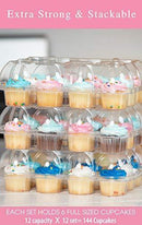 (12Pack x 12 Sets) STACK'nGO Cupcake Carriers - High Tall Dome Clear Containers Thick Plastic Disposable Storage Boxes. Cup Cake Holders by Cakes of Eden