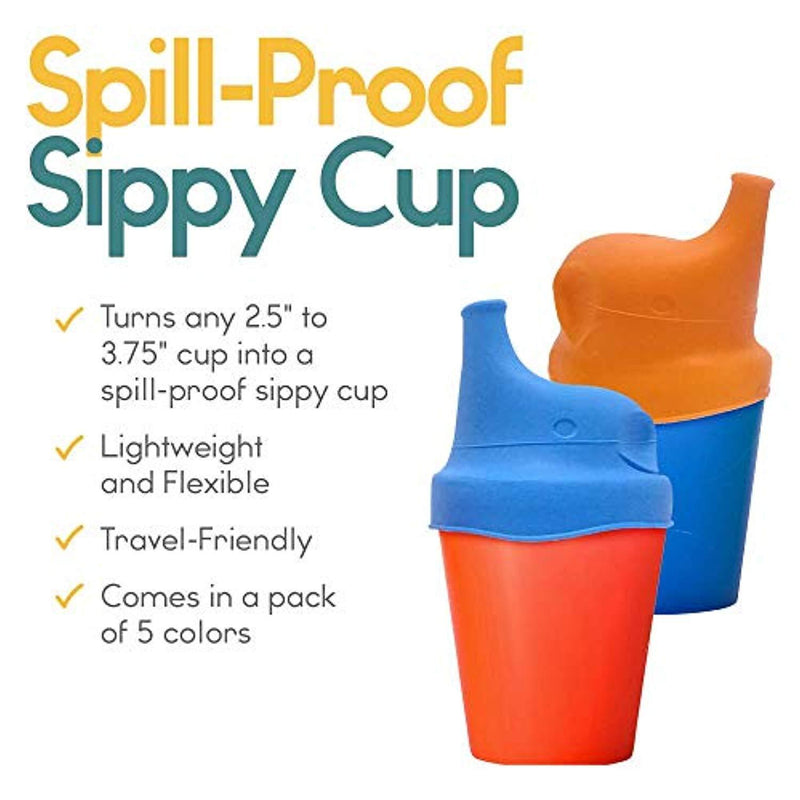 Silicone Sippy Cup Lids (5 Pack) - Elephant Silicone Spout Makes Cup into Spill-Proof Sippy Cup for Babies and Toddlers