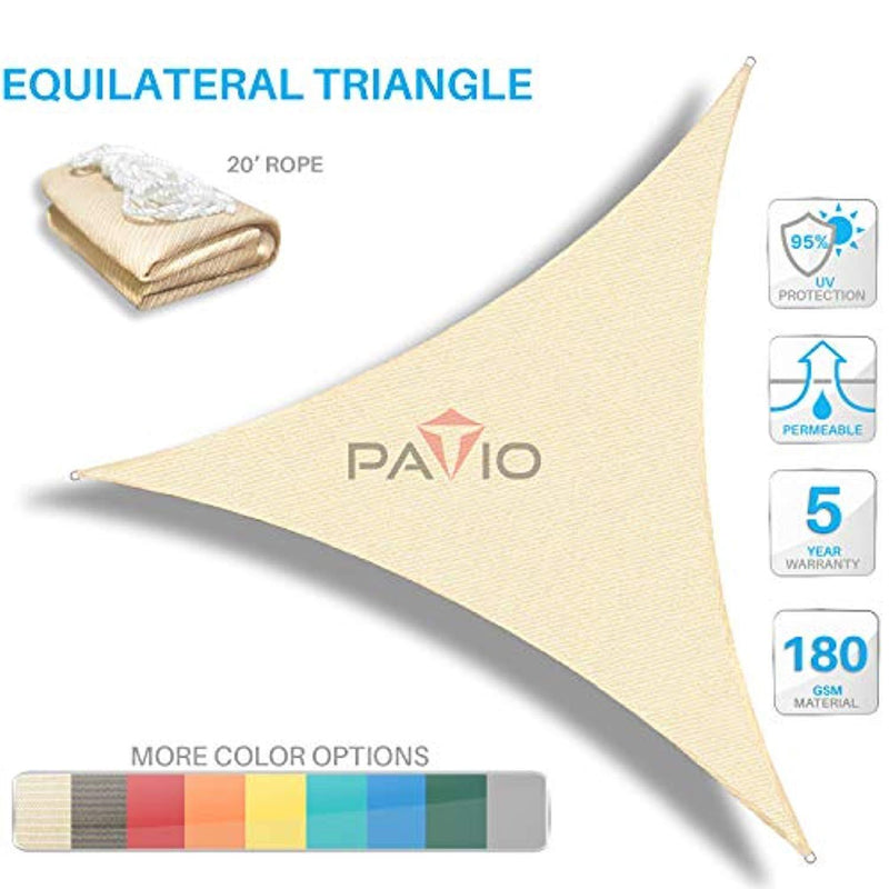 Patio Paradise 20' x 20' x 20' Beige Sun Shade Sail Triangle Canopy, 180 GSM Permeable Canopy Pergolas Top Cover, Permeable UV Block Fabric Durable Outdoor, Customized Available