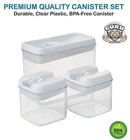 5 pc. Set Clear Food Containers w Airtight Lids Canisters for Kitchen & Pantry Storages - Storage for Cereal, Flour, Cooking - BPA-Free Plastic White Lid by Guru Products