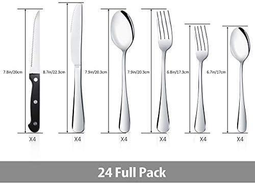 24 Piece Silverware Teivio  Set, Flatware Utensils Set Mirror Polished, Dishwasher Safe Service for 4, Include Knife/Fork/Spoon/Steak Knife/Wire Mesh Steel Cutlery Holder Storage Trays (Silver)