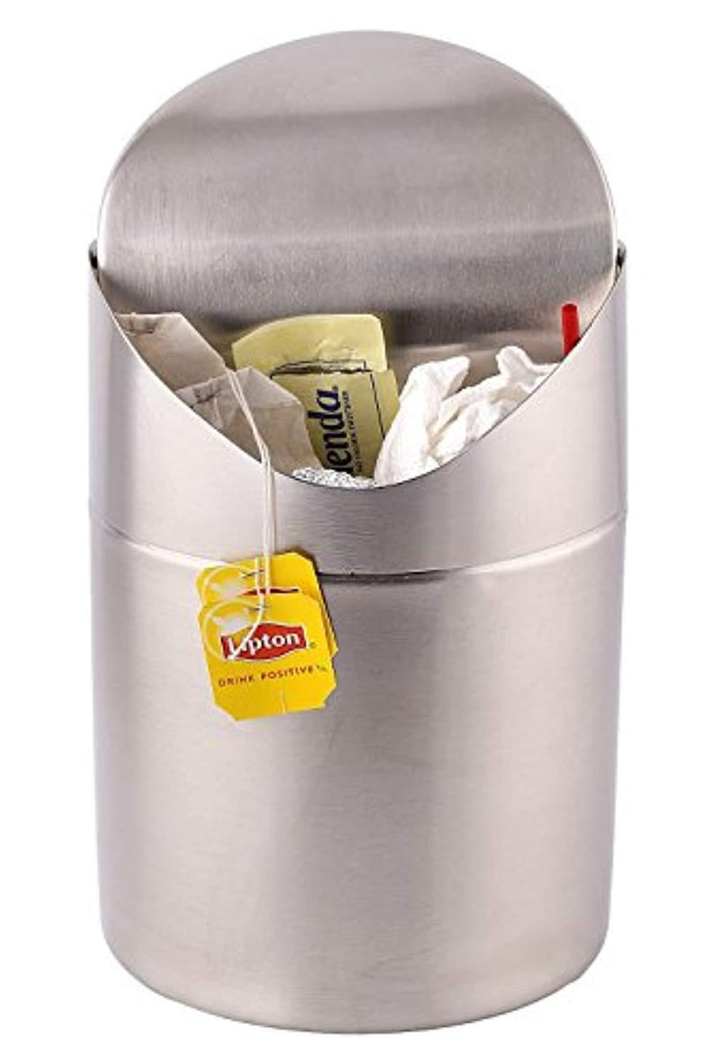 Estilo Mini Countertop Trash Can, Brushed Stainless Steel, Swing Top Trash Bin 1.5 L / 0.40 Gal