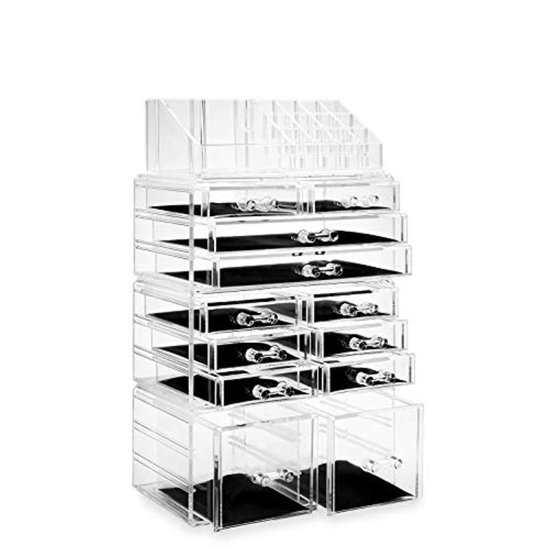 Casafield Acrylic Cosmetic Makeup Organizer & Jewelry Storage Display Case - Large 16 Slot, 2 Box & 10 Drawer Set - Clear