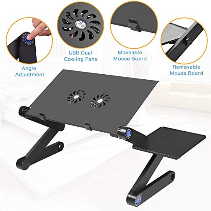 CNDT Adjustable Standing Laptop Desk Stand Table Portable Aluminum Lap Riser Holder with Dual-Cooling Fans for Bed Couch Sofa (Black)