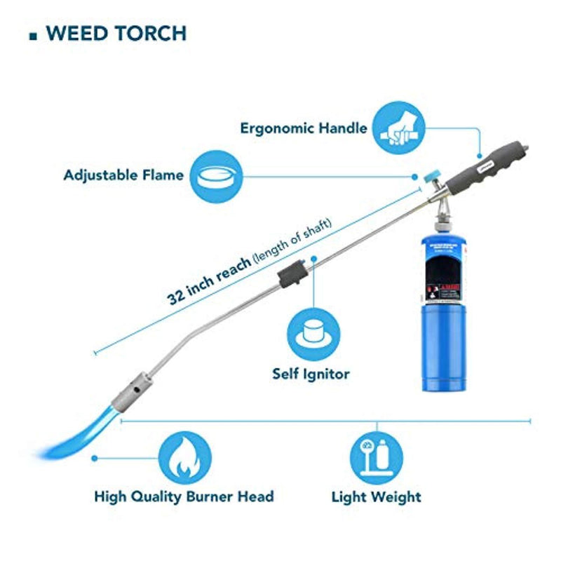 JJ George Weed Torch - Weed Burner, Chemical Free Weed Control, Garden Weed Killer, Gas Vapor, Self Igniting, Long Reach, Organic Weed Killer, Propane Burner