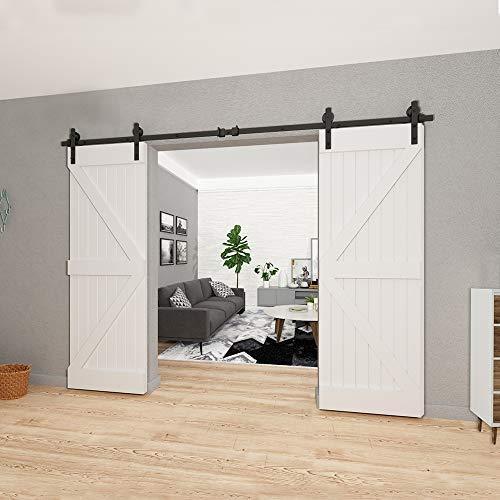 HomLux 8ft Heavy Duty Sturdy Sliding Barn Door Hardware Kit, Double Door-Smoothly and Quietly, Easy to Install and Reusable - Fit 1 3/8-1 3/4" Thickness & 24" Wide Door Panel, Black(I Shape Hanger)