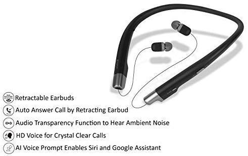 EXFIT BCS-700 Wireless Bluetooth Headphones, Retractable Earbuds, Splash and Sweat Resistant, Siri and Google Assistant Compatible, Auto Answer on Earbud Pull (Black)