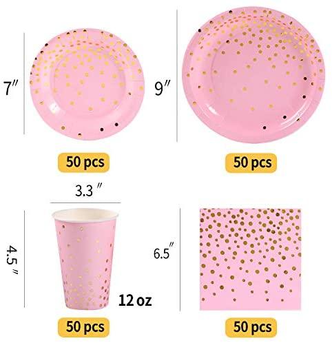 Duocute Pink and Gold Party Supplies 200Pcs Disposable Pink Paper Plates 12oz Cups Napkins Dinnerware Set Golden Dot Theme Party Wedding Bachelorette Girl Birthday Baby Shower, Serves 50