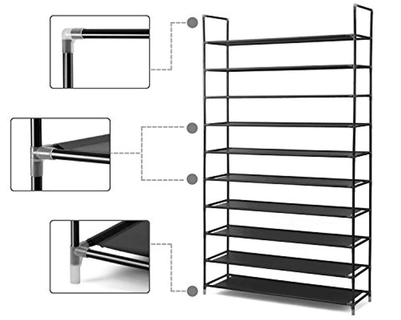 Halter 10 Tier Stackable Shoe Rack Storage Shelves - Stainless Steel Frame Holds 50 Pairs of Shoes - 39.125" X 11.125" X 69.5" - Black