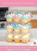 (12Pack x 12 Sets) STACK'nGO Cupcake Carriers - High Tall Dome Clear Containers Thick Plastic Disposable Storage Boxes. Cup Cake Holders by Cakes of Eden