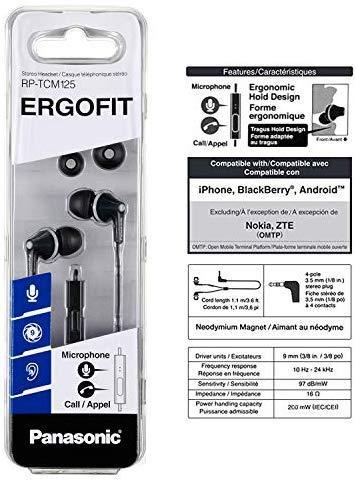 Panasonic ErgoFit In-Ear Earbud Headphones RP-HJE120-KA (Matte Black) Dynamic Crystal-Clear Sound, Ergonomic Comfort-Fit