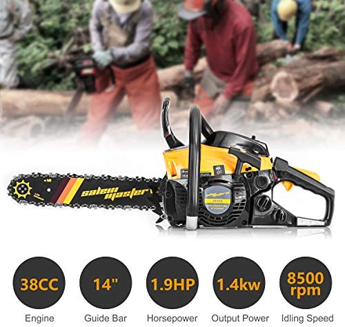 SALEM MASTER 3816S 38CC 2-Cycle Gas Powered Chainsaw, 14-Inch Chainsaw, Handheld Cordless Petrol Gasoline Chain Saw for Farm, Garden and Ranch