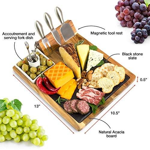 Home Perspective Slate Cheese Board Set, 10 Piece Set Includes 4 Stainless Steel Cheese Tools, Premium Acacia Serving Tray with Slate Board, and Porcelain Olive Dish