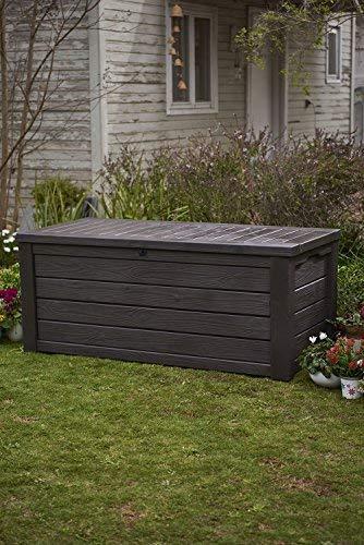 Keter Westwood Plastic Deck Storage Container Box Outdoor Patio Garden Furniture 150 Gal, Brown