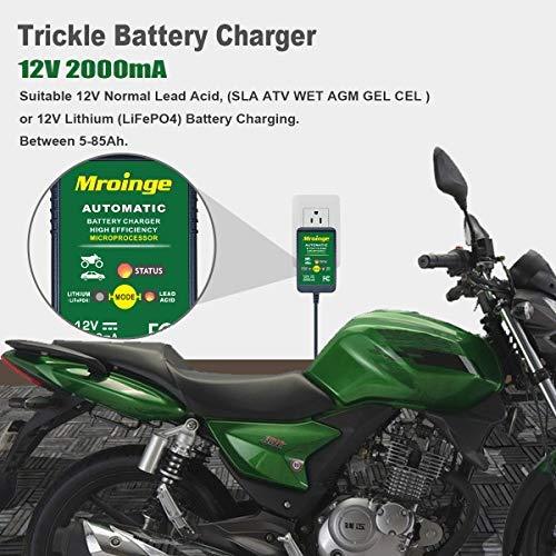 Mroinge 12V 2A Lead Acid/Lithium(LiFePO4) Automatic Trickle Battery Charger Smart Battery Maintainer for Car Motorcycle Lawn Mower Boat ATV SLA AGM GEL CELL Lithium(LiFePO4) and More Batteries