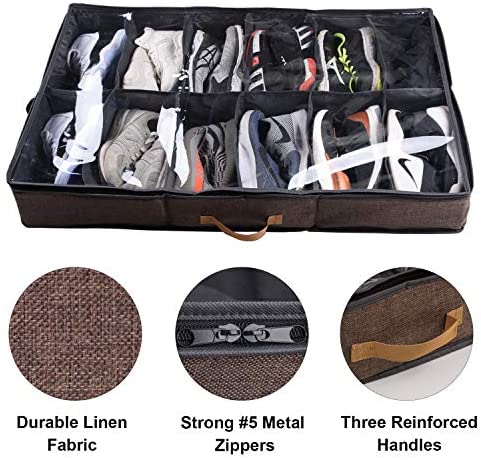 ACMETOP Extra-Large Under Bed Shoe Storage Organizer, Sturdy Built-in Structure & Durable Linen, Underbed Storage Solution Fits Men's Size 13 Sneaker and Women's 6'' High-Heels (Brown)