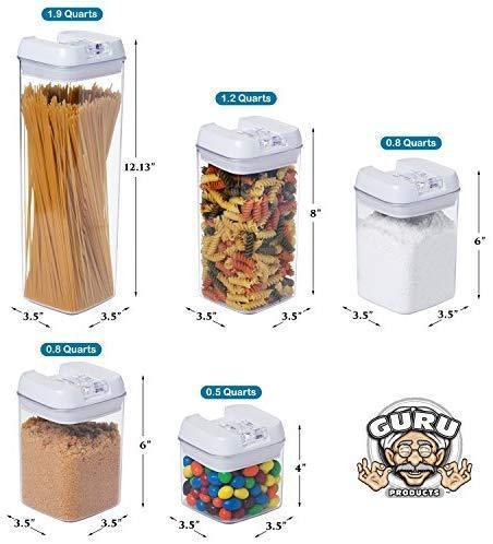 5 pc. Set Clear Food Containers w Airtight Lids Canisters for Kitchen & Pantry Storages - Storage for Cereal, Flour, Cooking - BPA-Free Plastic White Lid by Guru Products