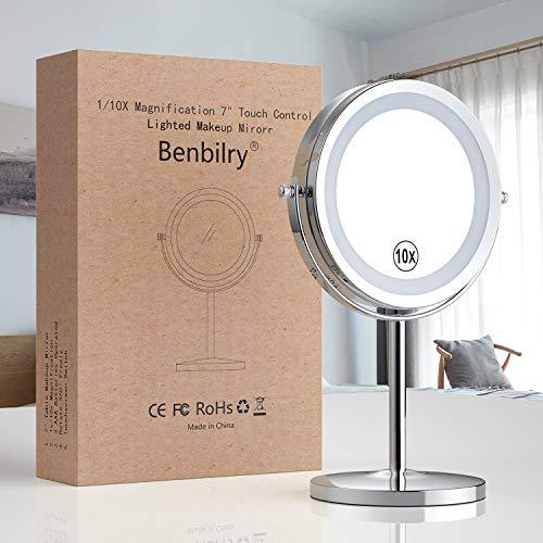 Benbilry Lighted Makeup Mirror - LED Double Sided 1x/10x Magnification Cosmetic Mirror,7 Inch Battery-Powered 360 Degree Rotation Vanity Mirror with On/Off Push-Button