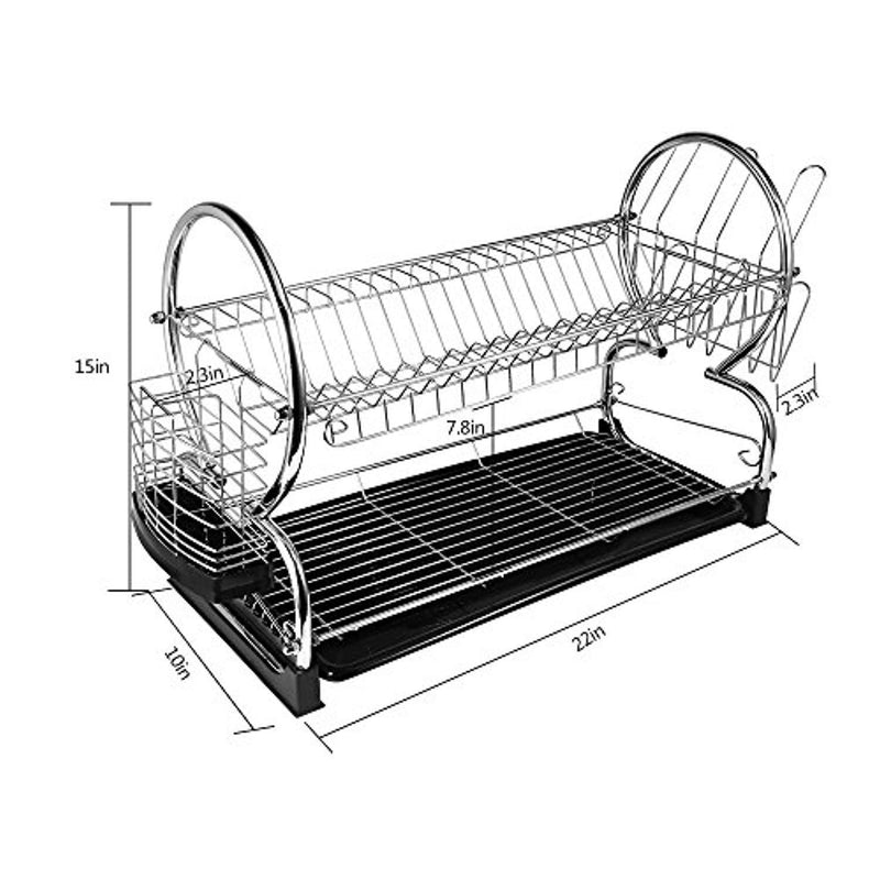 2-Tier Dish Rack and DrainBoard 22" x15 x10" Kitchen Chrome Cup Dish Drying Rack Tray Cultery Dish Drainer