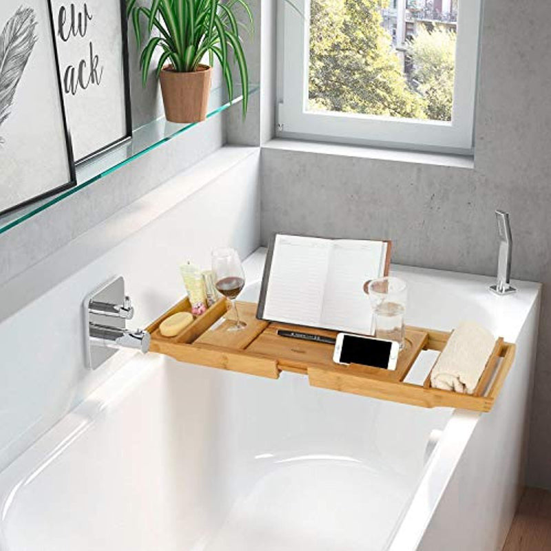 HOMFA Bamboo Bathtub Tray Bath Table Adjustable Caddy Tray with Extending Sides, Cellphone Tray and Wineglass Holder