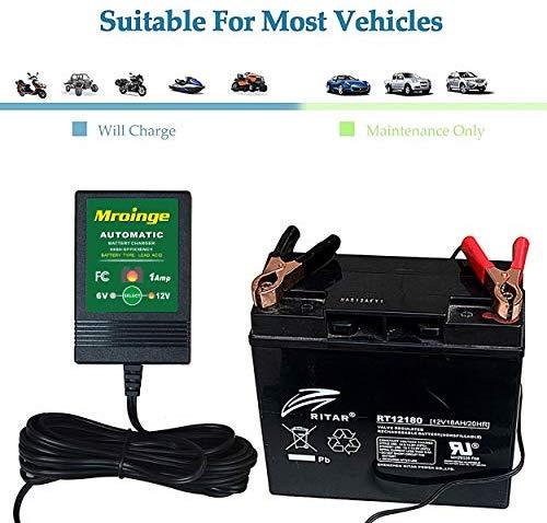 Mroinge MBC016 6V / 12V 1A Fully Automatic trickle Battery Charger/maintainer for Automotive Vehicle Motorcycle Lawn Mower ATV RV powersport Boat, Sealed Deep-Cycle AGM Gel Cell Lead Acid Batteries