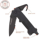 StatGear T3 Tactical Auto Rescue Tool - knife, seatbelt cutter, spring-loaded window punch, light. sheath included