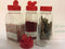 Spice Jars - 16 oz. clear plastic spice containers with shaker red two sided flip tops lids shaking sifter spoon caps - 6 sets - plus 2 mini spoons and 6 White indicating labels