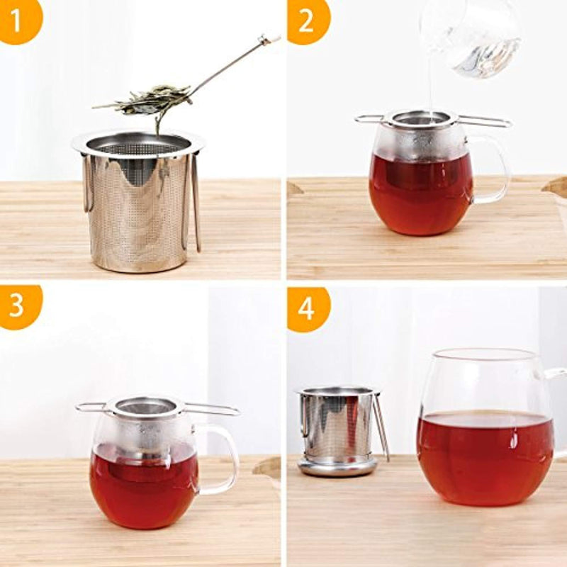 Homemaxs Tea Infuser 304 Stainless Steel Including 2 Mesh Tea Strainer & 1 Scoop with Double Folding Handles for Hanging on Teapots, Mugs, Cups