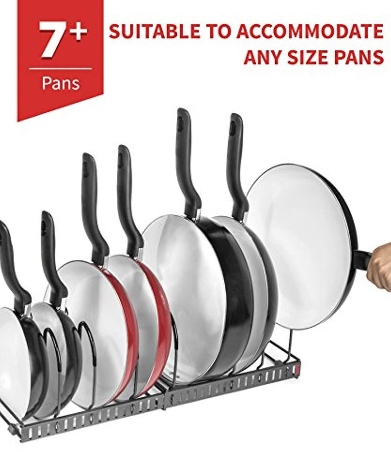 7+ Pans - BetterThingsHome Expandable Pan Organizer Rack: Can Be Extended to 22.25", Total 7 Adjustable Compartments, Pantry Cupboard Bakeware Lid Plate Holder