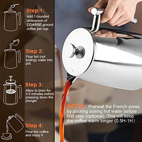 Secura French Press Coffee Maker, 50-Ounce, 18/10 Stainless Steel Insulated Coffee Press with Extra Screen