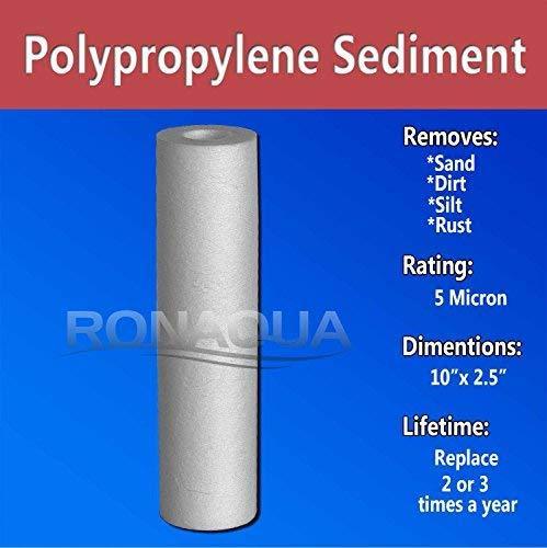 Sediment Water Filter Cartridge by Ronaqua 10"x 2.5", Four Layers of Filtration, Removes Sand, Dirt, Silt, Rust, made from Polypropylene (50 Pack, 5 Microns)