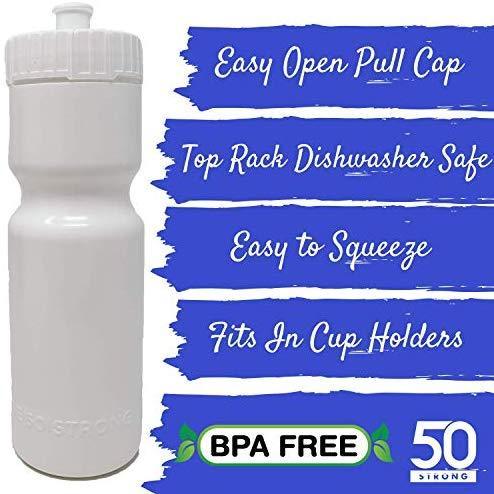 50 Strong Sports Squeeze Water Bottles - Set of 6 - Team Pack – 22 oz. BPA Free Bottle Easy Open Push/Pull Cap – Made in USA - Multiple Colors Available