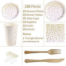 Duocute White and Gold Party Supplies 150Pcs Golden Dot Disposable Party Dinnerware Includes Paper Plates, Napkins, Knives, Forks, 12oz Cups, Banner, for Bridal Shower, Engagement, Wedding, Serves 25