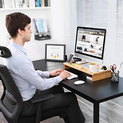 SONGMICS Monitor Stand Riser with Storage Organizer Office Computer Desk Laptop Cellphone TV Printer Stand Desktop Container Bamboo Wood Natural ULLD201