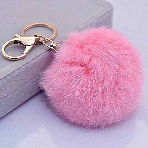 Miraclekoo Rabbit Fur Ball Pom Pom KeyChain Gold Plated Keychain with Plush for Car Key Ring or Handbag Bag Decoration (Orange Pink)