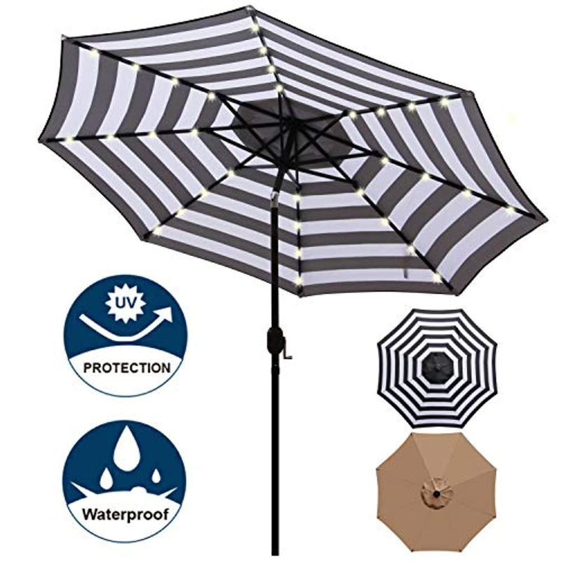 Blissun 9 ft Solar Umbrella 32 LED Lighted Patio Umbrella Table Market Umbrella with Tilt and Crank Outdoor Umbrella for Garden, Deck, Backyard, Pool and Beach (Black and White)