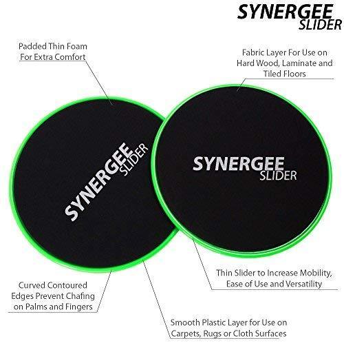 Synergee Core Sliders. Dual Sided Use on Carpet or Hardwood Floors. Abdominal Exercise Equipment