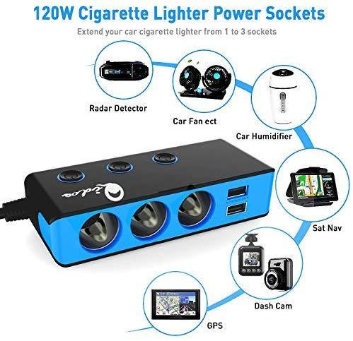 3-Socket Cigarette Lighter Quick Charge 3.0, Qidoe 120W 12V/24V Car Splitter and Three 2.4A USB Car Charger & LED Voltmeter Power Switch for GPS, Dash Cam, Sat Nav, Phone, iPad, Tablet (Blue)